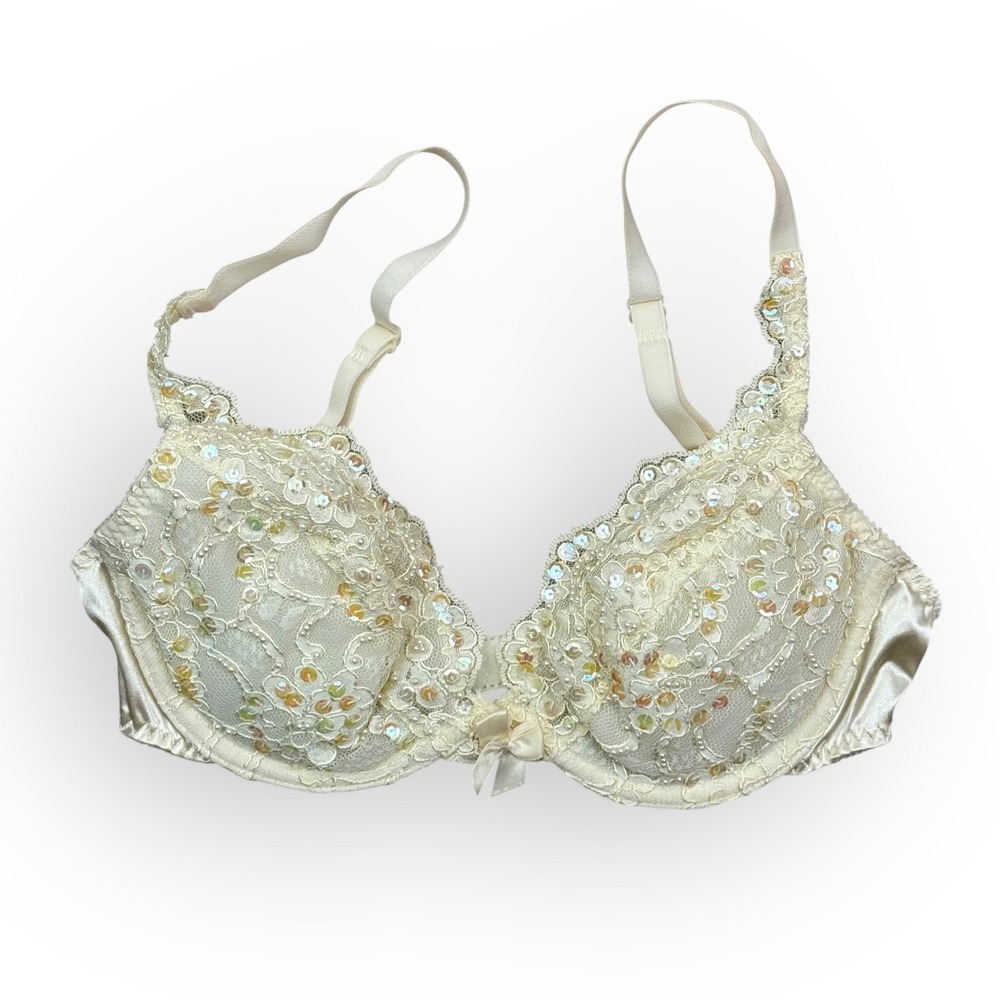 Vintage Victorias Secret Lace‎ Sequined Push Up Bra 34C Ivory